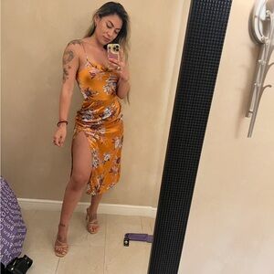 Orange satin midi dress